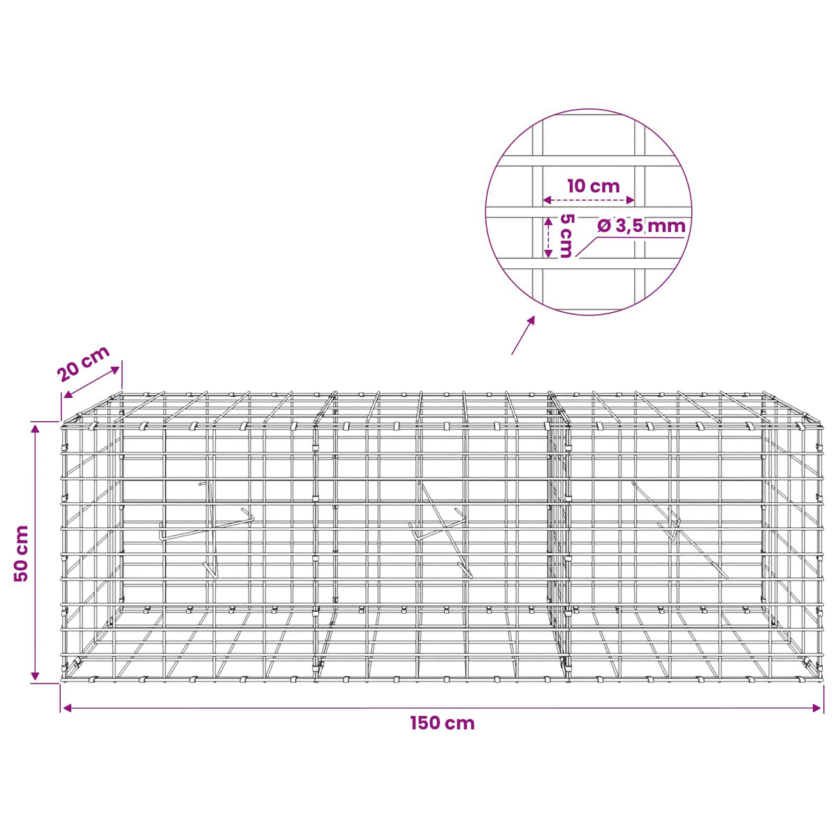 Gabion with 3.5 mm Wire and 5x10 cm Mesh 150x20x50 cm