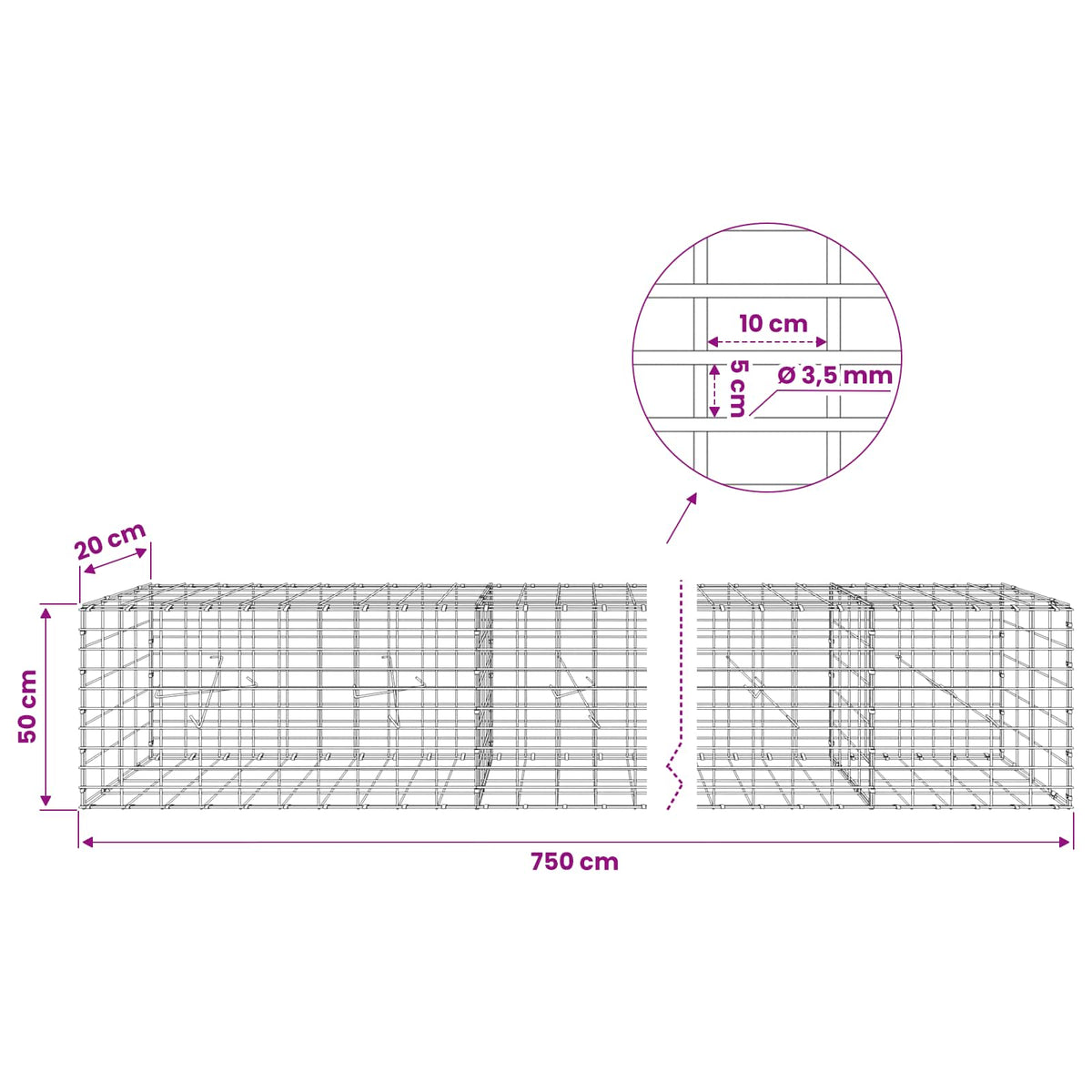 Gabion with 3.5 mm Wire and 5x10 cm Mesh 750x20x50 cm