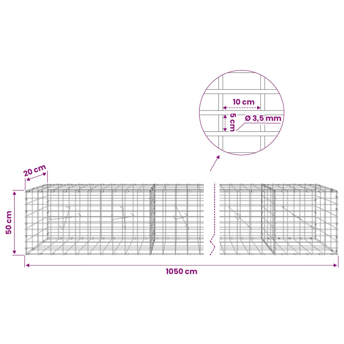 Gabion with 3.5 mm Wire and 5x10 cm Mesh 1050x20x50 cm