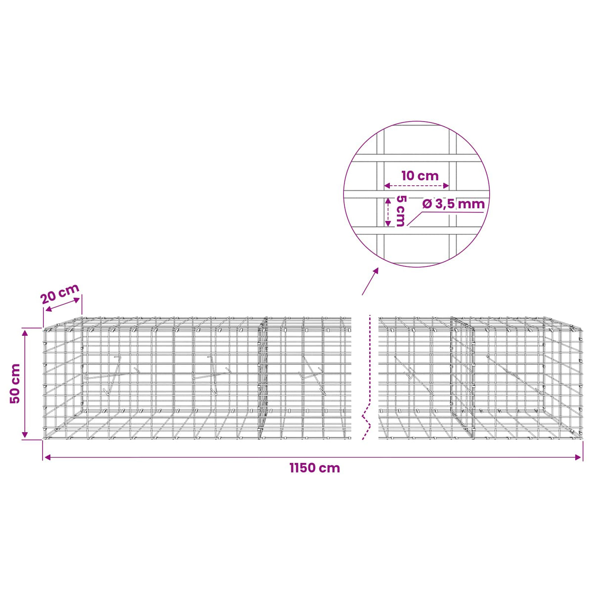 Gabion with 3.5 mm Wire and 5x10 cm Mesh 1150x20x50 cm
