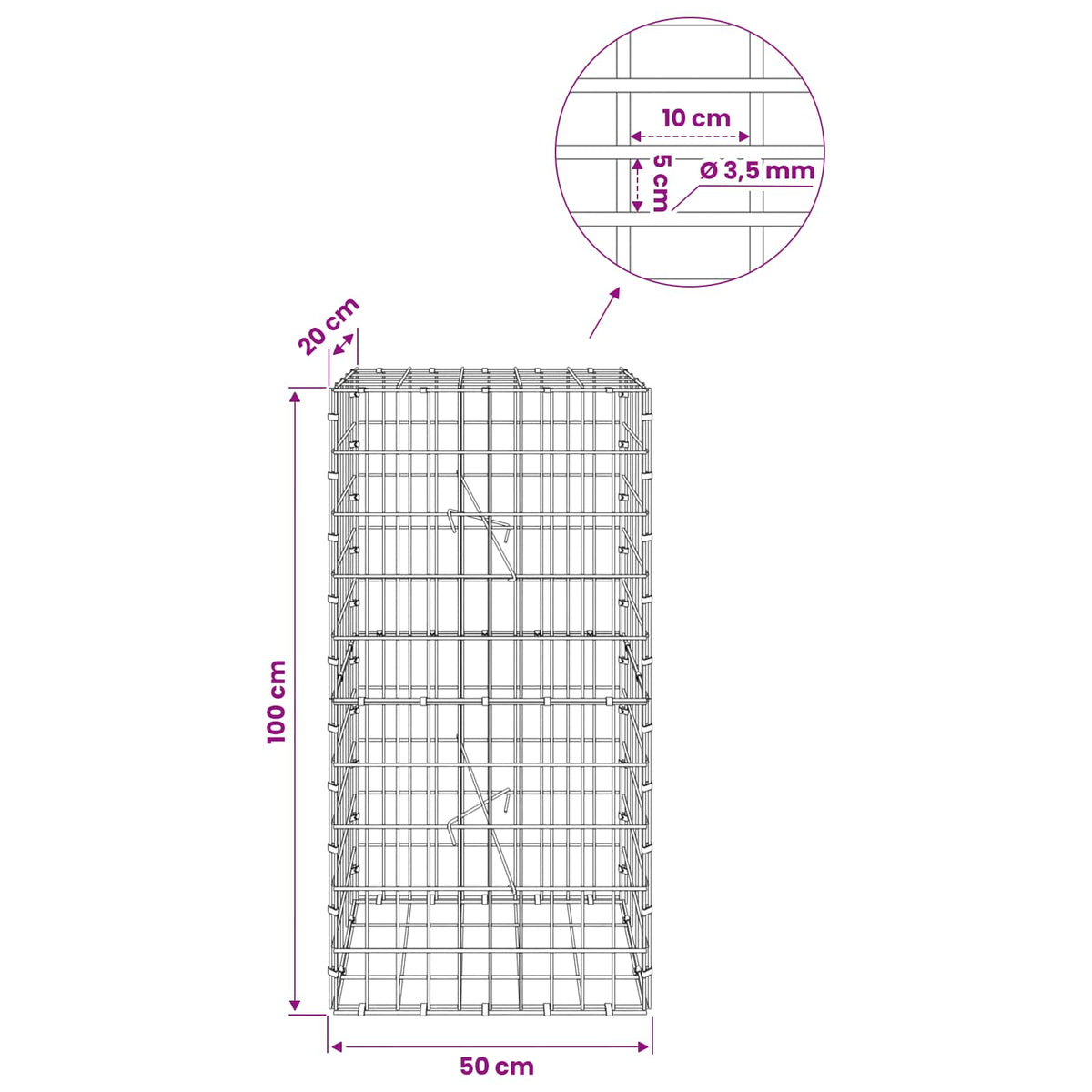 Gabion with 3.5 mm Wire and 5x10 cm Mesh 50x20x100 cm