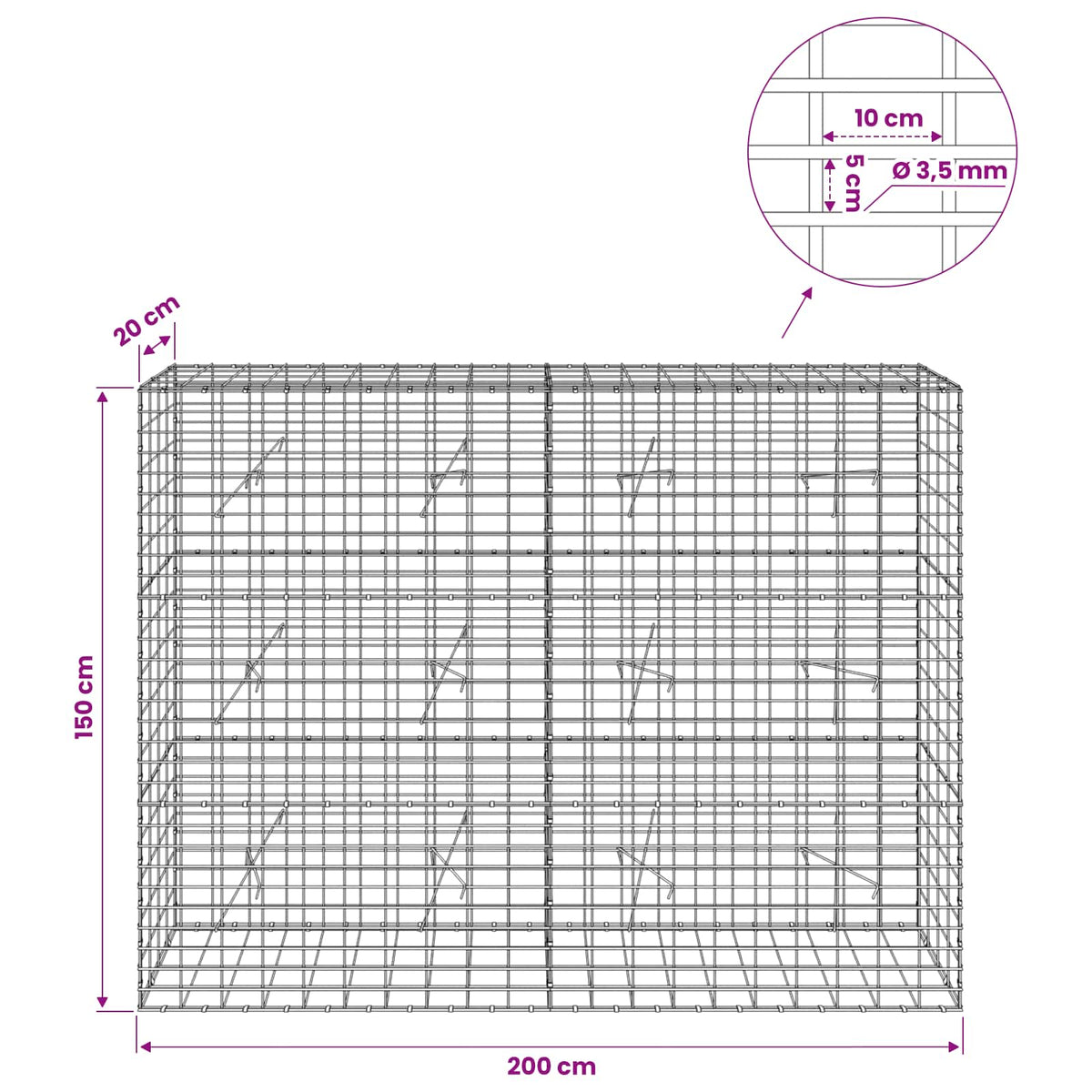Gabion with 3.5 mm Wire and 5x10 cm Mesh 200x20x150 cm