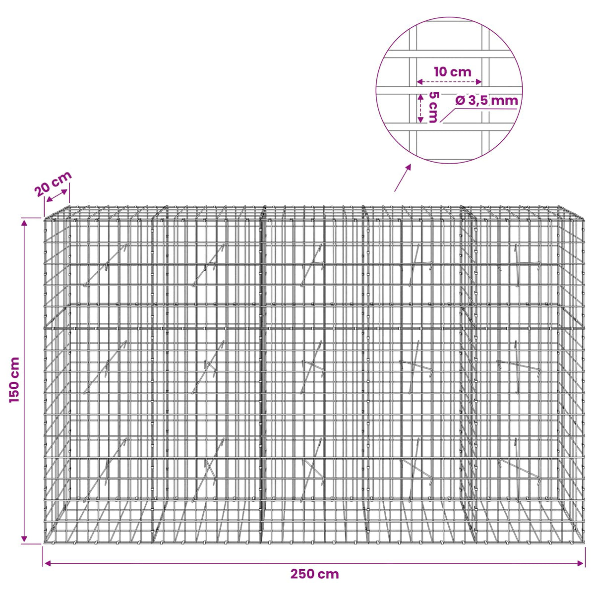 Gabion with 3.5 mm Wire and 5x10 cm Mesh 250x20x150 cm