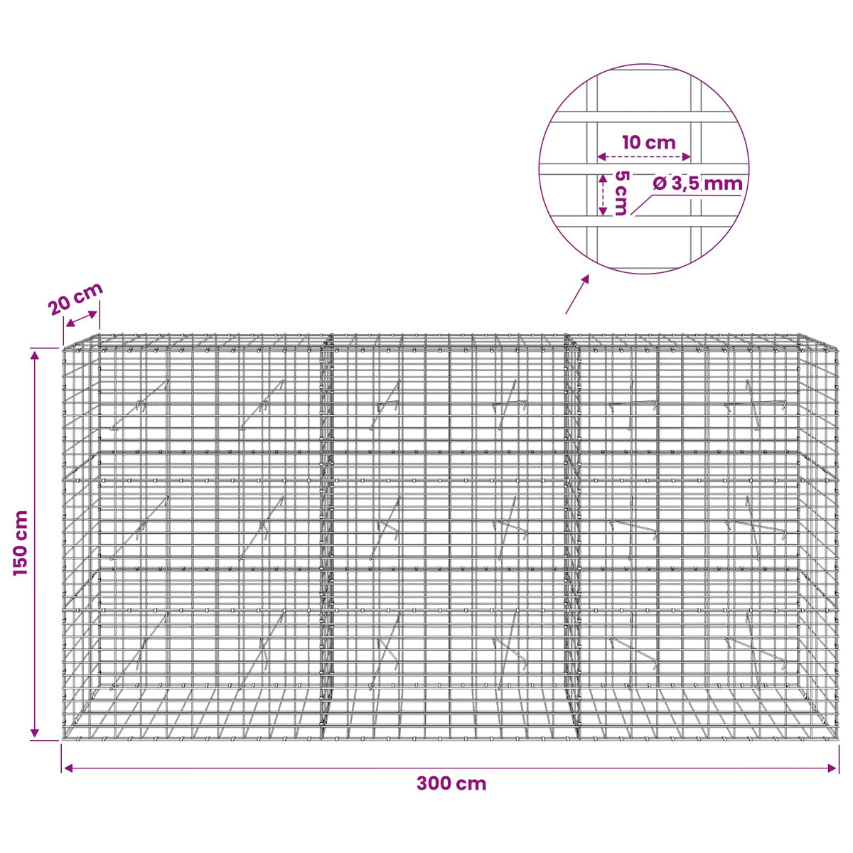 Gabion with 3.5 mm Wire and 5x10 cm Mesh 300x20x150 cm