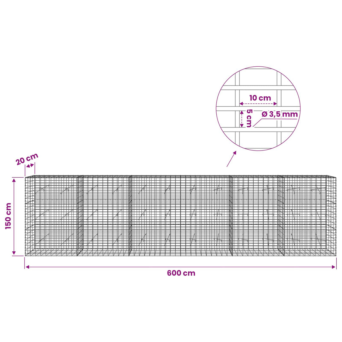 Gabion with 3.5 mm Wire and 5x10 cm Mesh 600x20x150 cm