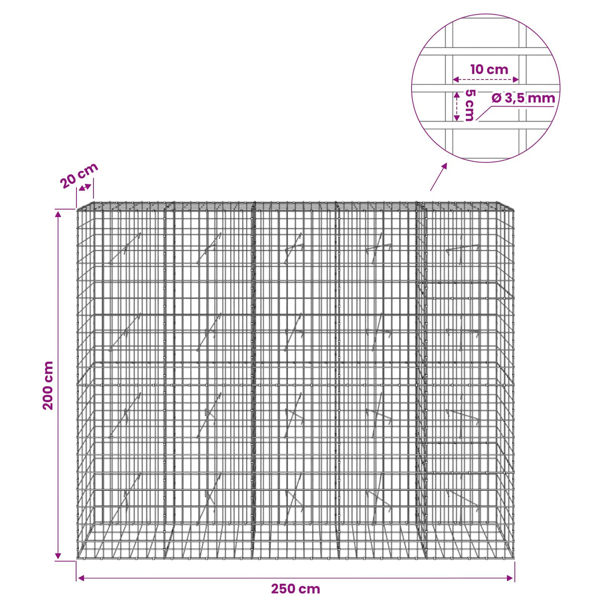 Gabion with 3.5 mm Wire and 5x10 cm Mesh 250x20x200 cm