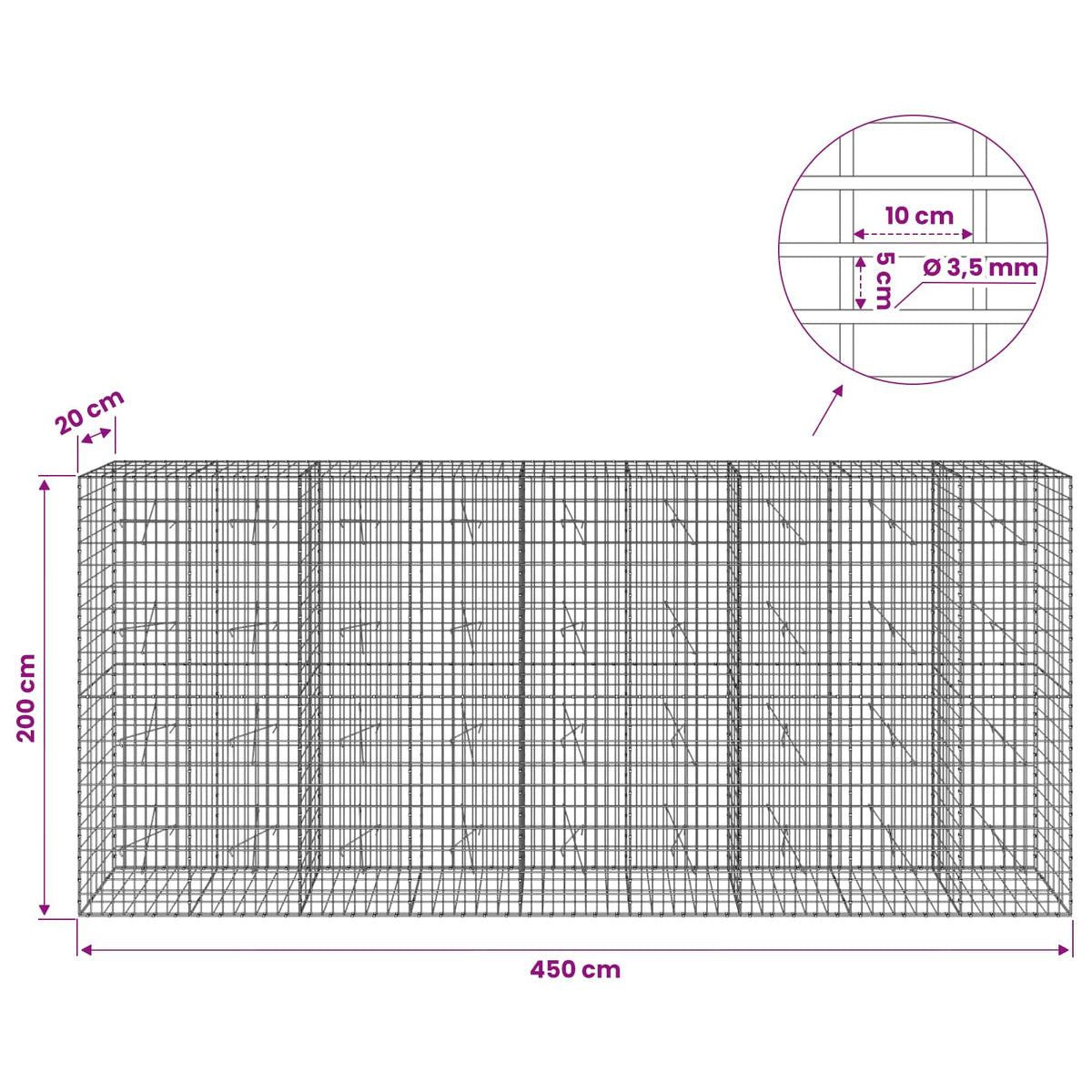 Gabion with 3.5 mm Wire and 5x10 cm Mesh 450x20x200 cm