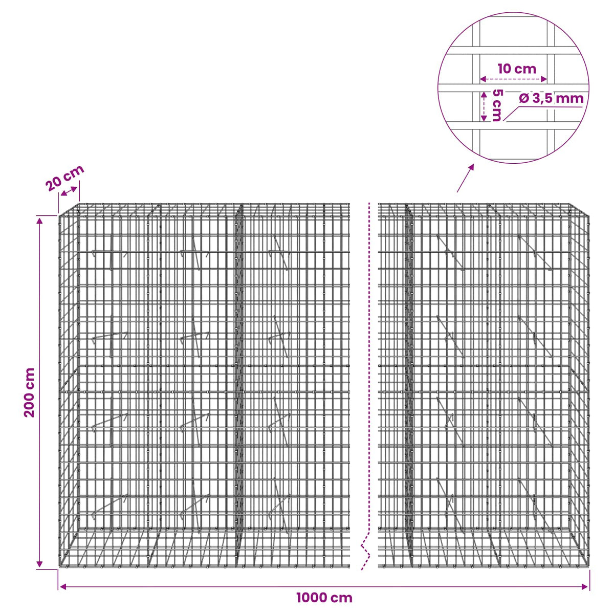 Gabion with 3.5 mm Wire and 5x10 cm Mesh 1000x20x200 cm