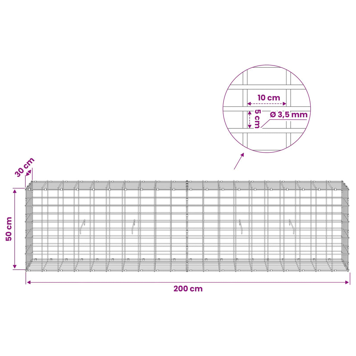 Gabion with 3.5 mm Wire and 5x10 cm Mesh 200x30x50 cm