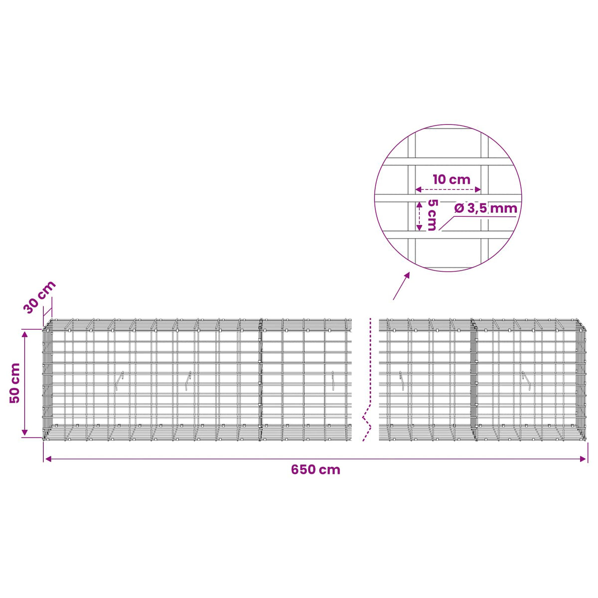 Gabion with 3.5 mm Wire and 5x10 cm Mesh 650x30x50 cm