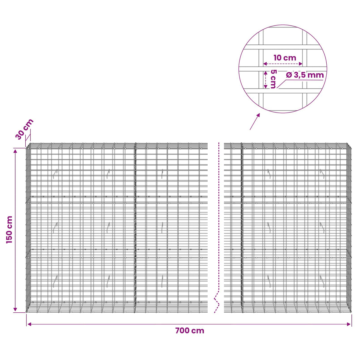 Gabion with 3.5 mm Wire and 5x10 cm Mesh 700x30x150 cm