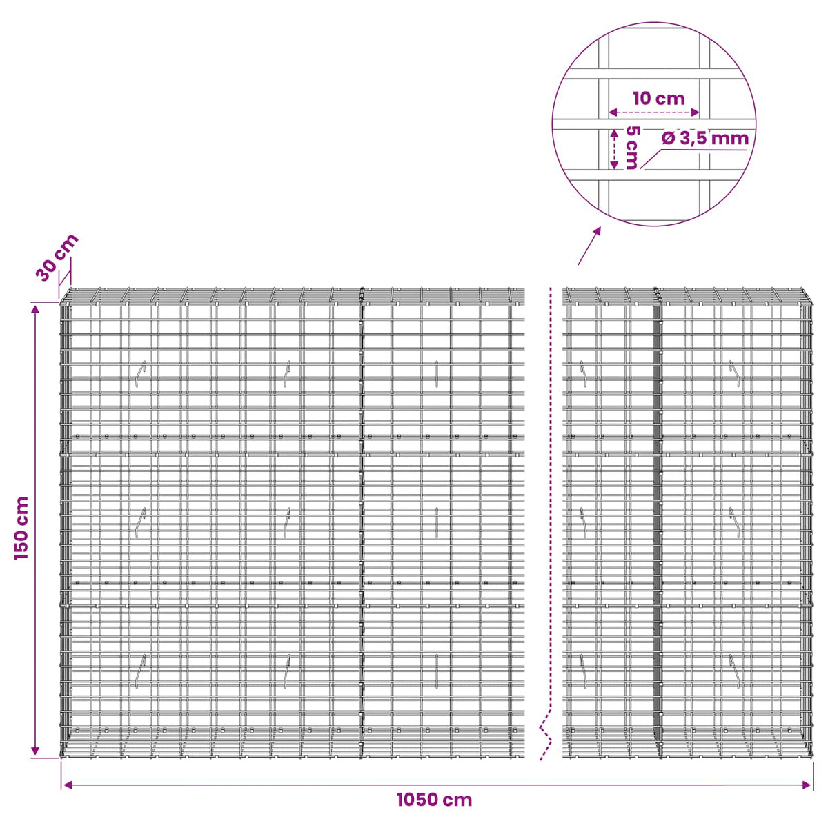 Gabion with 3.5 mm Wire and 5x10 cm Mesh 1050x30x150 cm