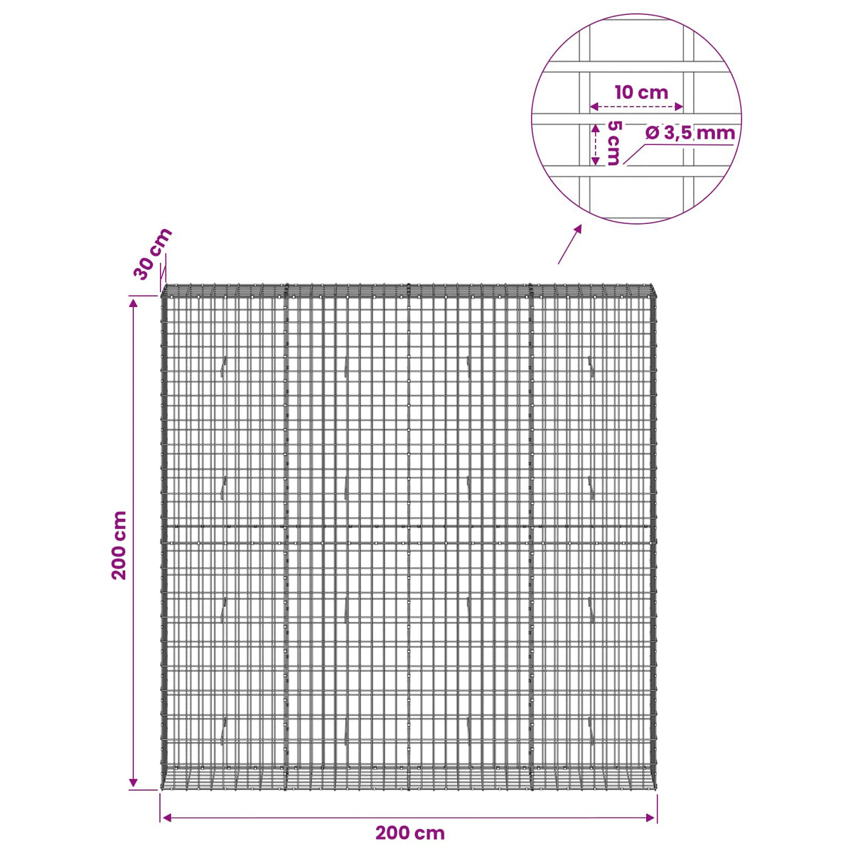 Gabion with 3.5 mm Wire and 5x10 cm Mesh 200x30x200 cm