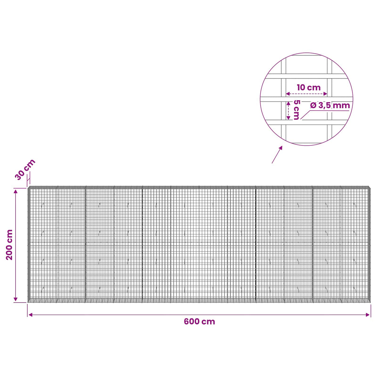Gabion with 3.5 mm Wire and 5x10 cm Mesh 600x30x200 cm