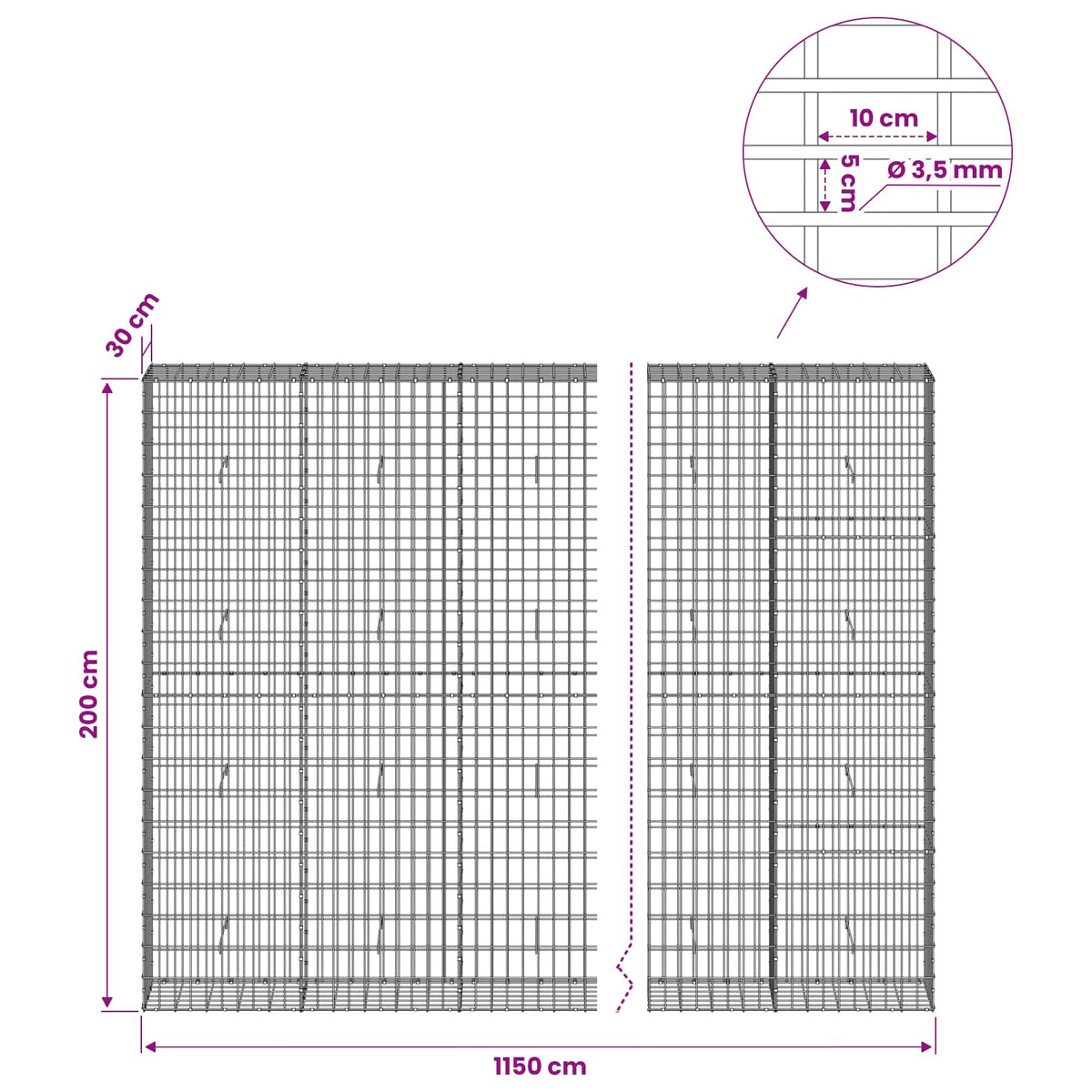 Gabion with 3.5 mm Wire and 5x10 cm Mesh 1150x30x200 cm