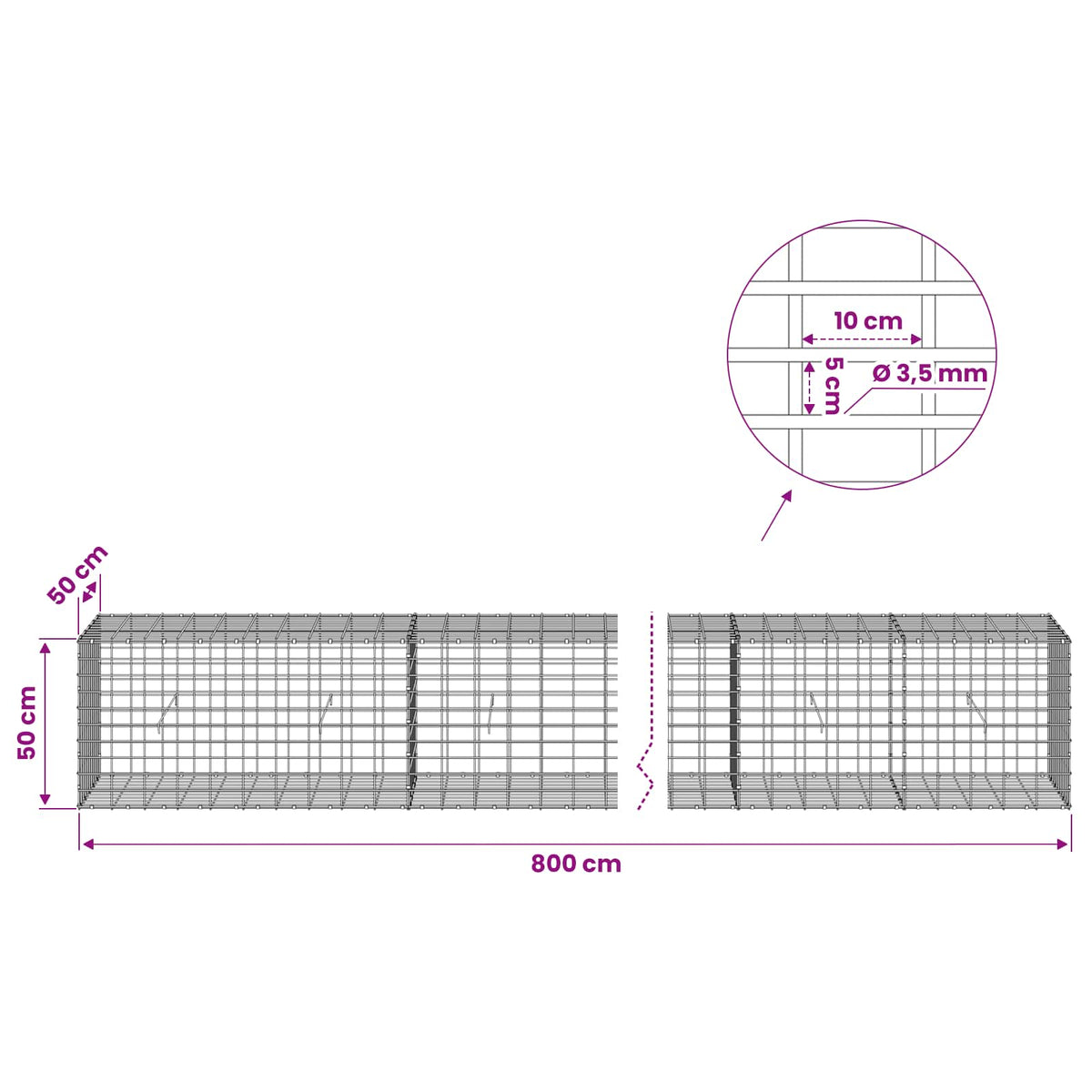 Gabion with 3.5 mm Wire and 5x10 cm Mesh 800x50x50 cm