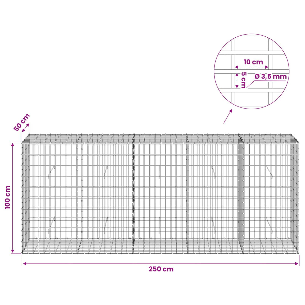 Gabion with 3.5 mm Wire and 5x10 cm Mesh 250x50x100 cm