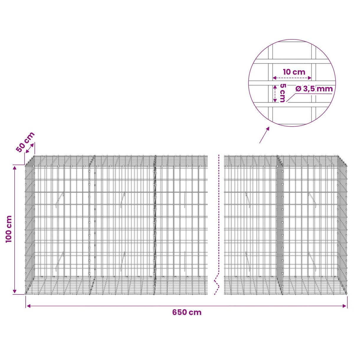 Gabion with 3.5 mm Wire and 5x10 cm Mesh 650x50x100 cm