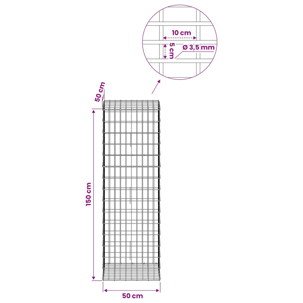 Gabion with 3.5 mm Wire and 5x10 cm Mesh 50x50x150 cm