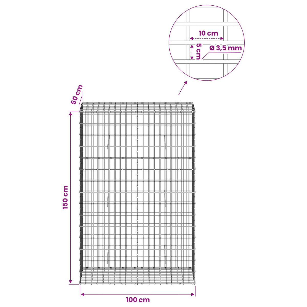 Gabion with 3.5 mm Wire and 5x10 cm Mesh 100x50x150 cm