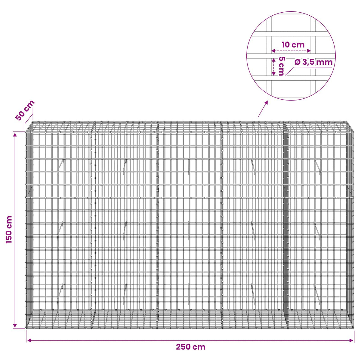Gabion with 3.5 mm Wire and 5x10 cm Mesh 250x50x150 cm