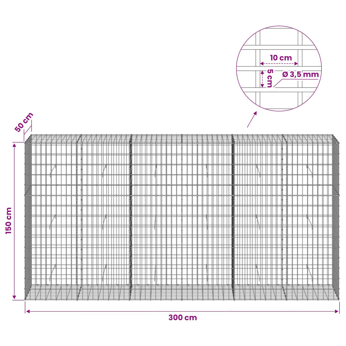 Gabion with 3.5 mm Wire and 5x10 cm Mesh 300x50x150 cm