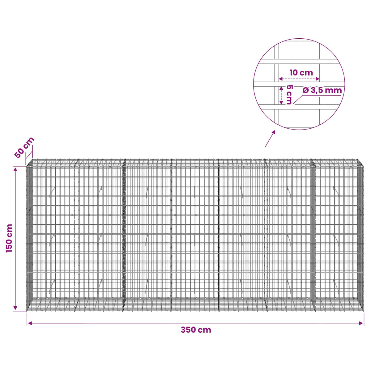 Gabion with 3.5 mm Wire and 5x10 cm Mesh 350x50x150 cm