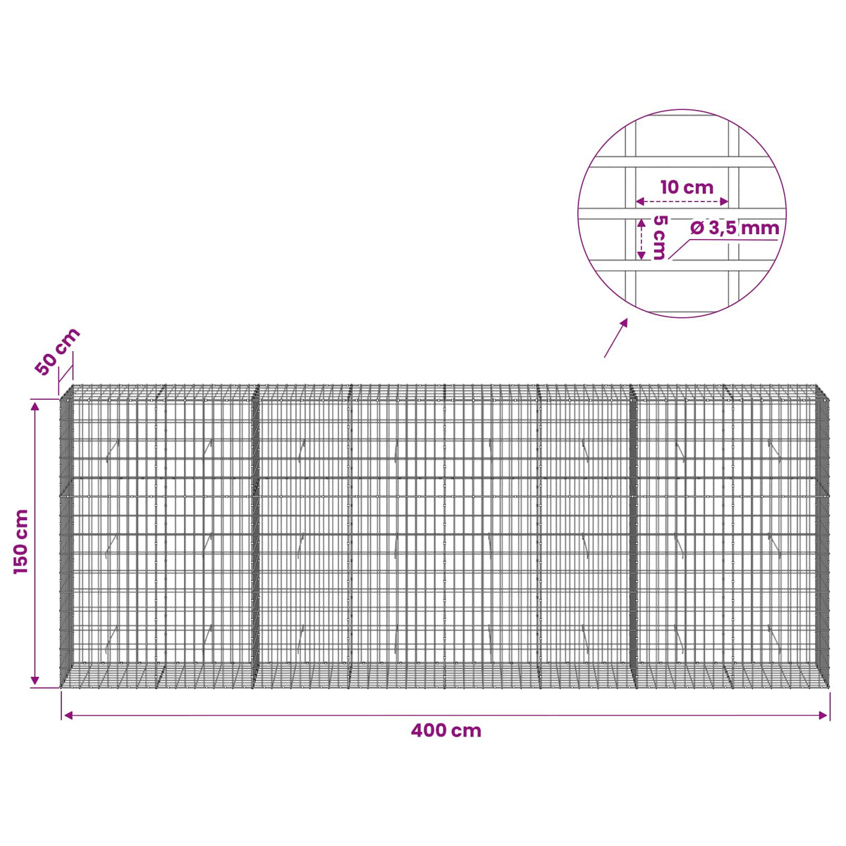 Gabion with 3.5 mm Wire and 5x10 cm Mesh 400x50x150 cm