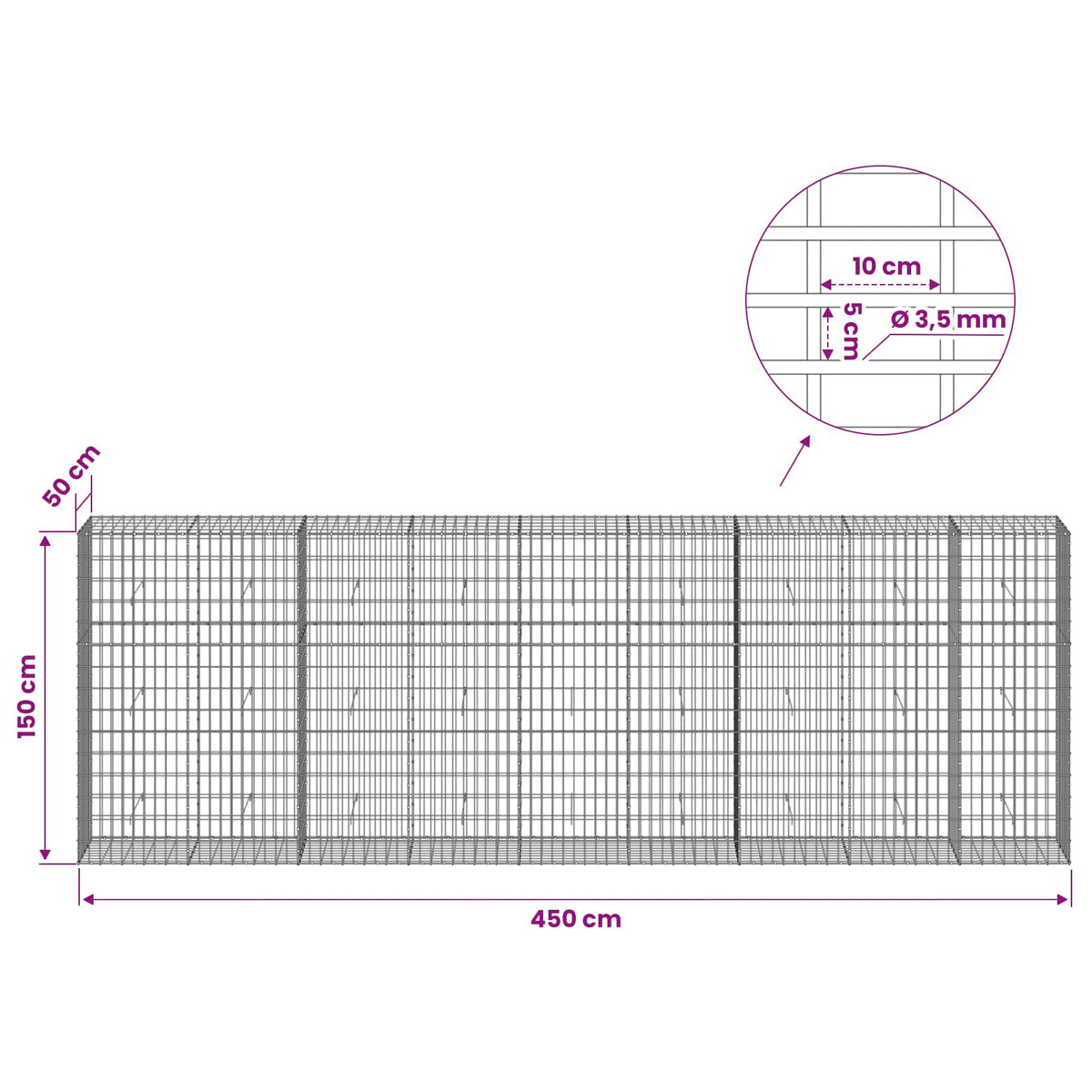 Gabion with 3.5 mm Wire and 5x10 cm Mesh 450x50x150 cm