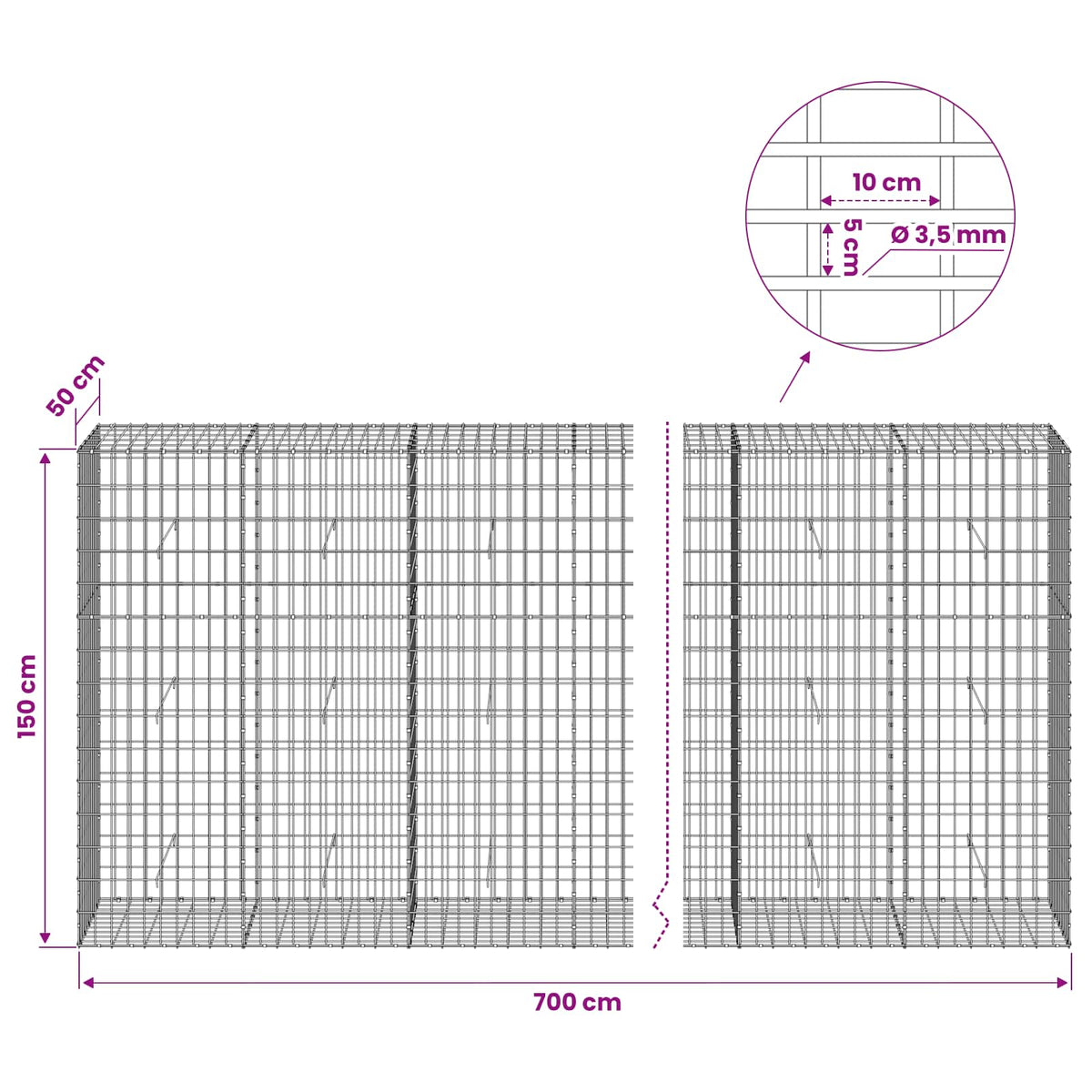 Gabion with 3.5 mm Wire and 5x10 cm Mesh 700x50x150 cm