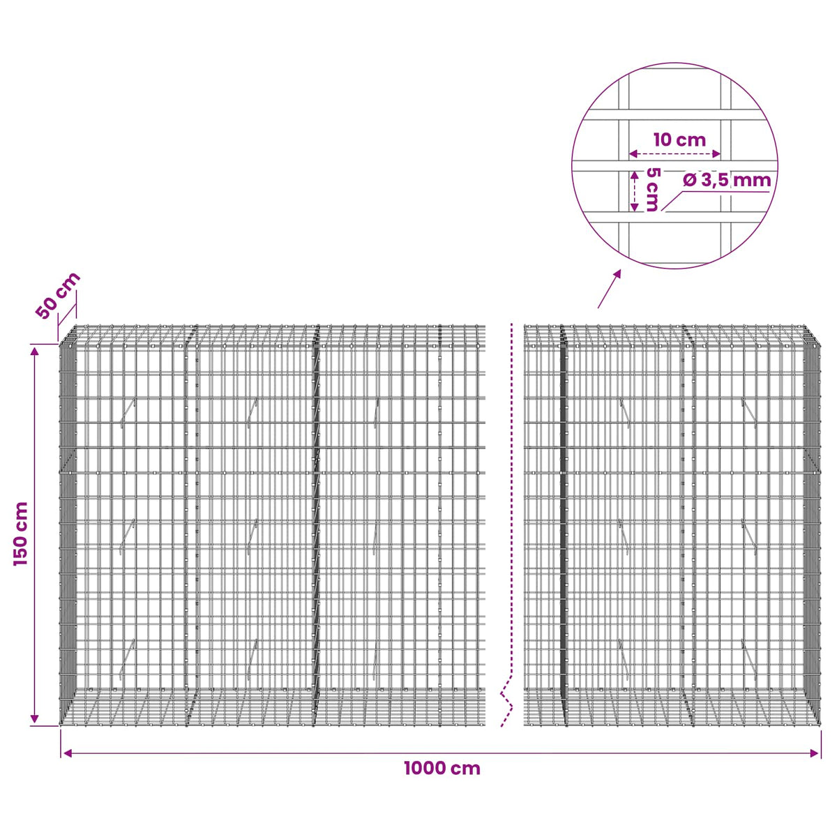Gabion with 3.5 mm Wire and 5x10 cm Mesh 1000x50x150 cm