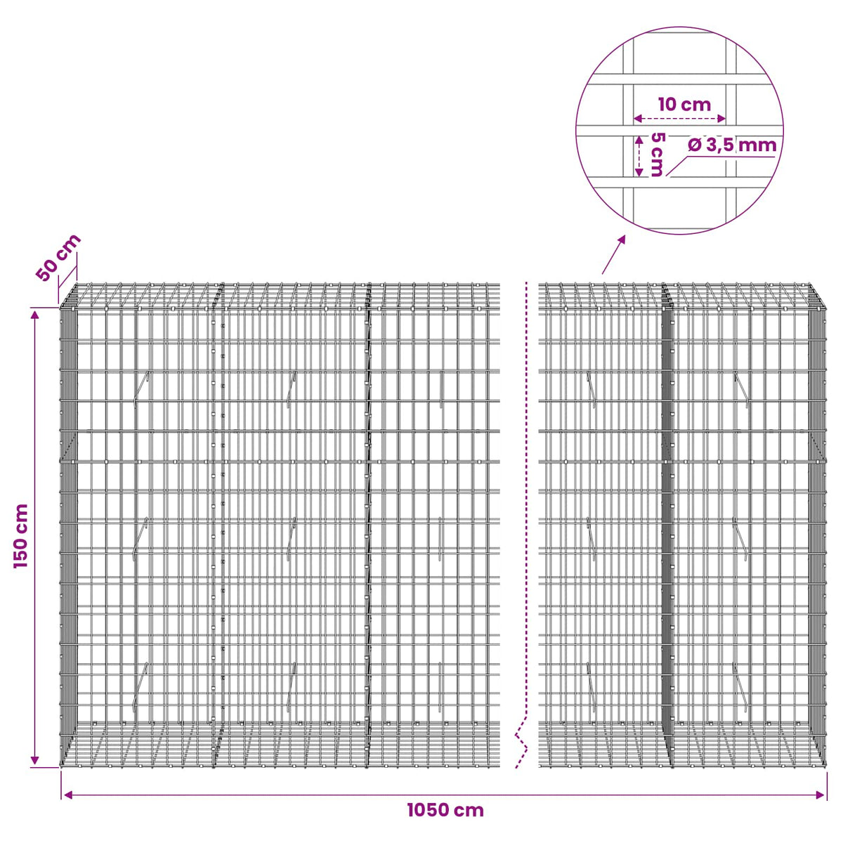 Gabion with 3.5 mm Wire and 5x10 cm Mesh 1050x50x150 cm