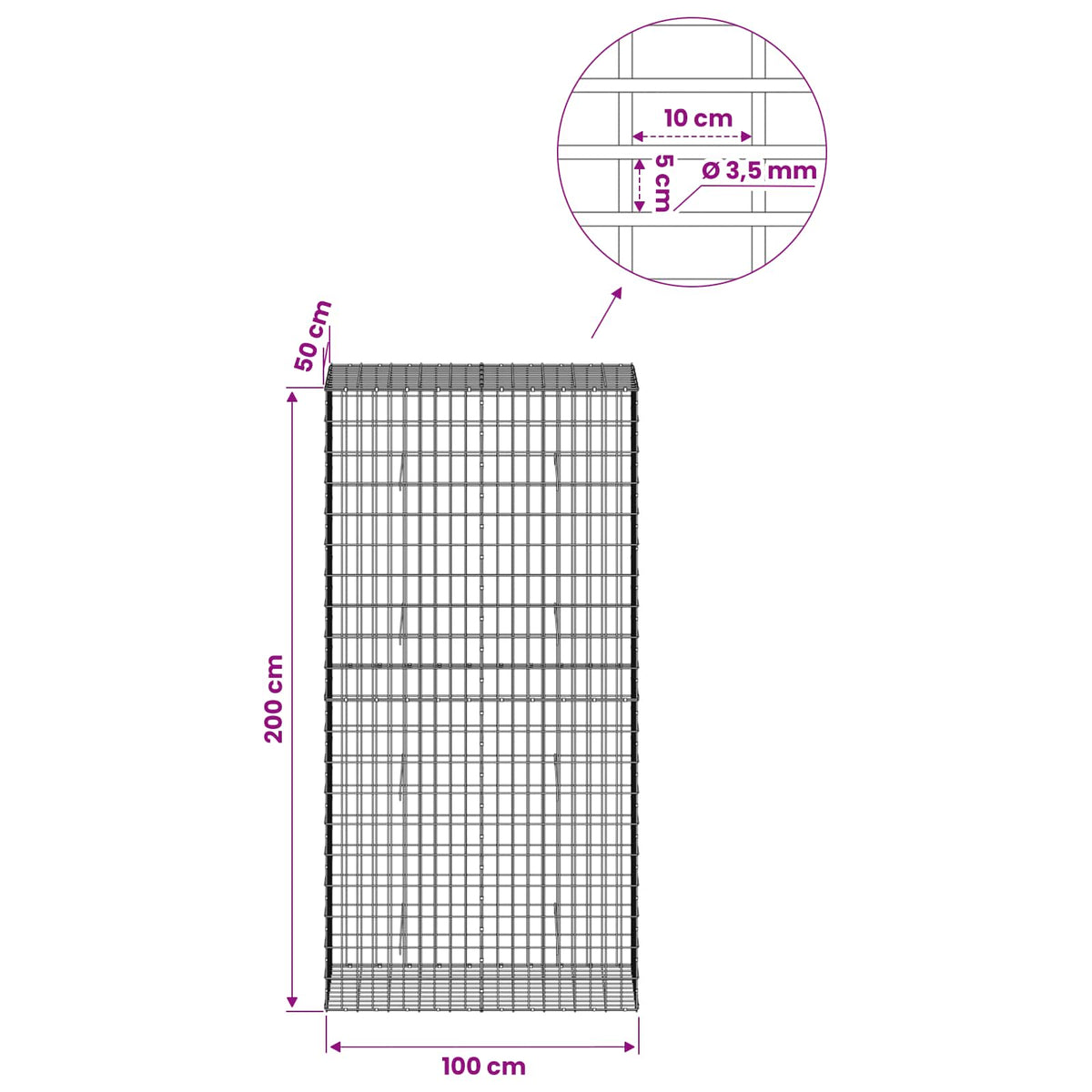 Gabion with 3.5 mm Wire and 5x10 cm Mesh 100x50x200 cm
