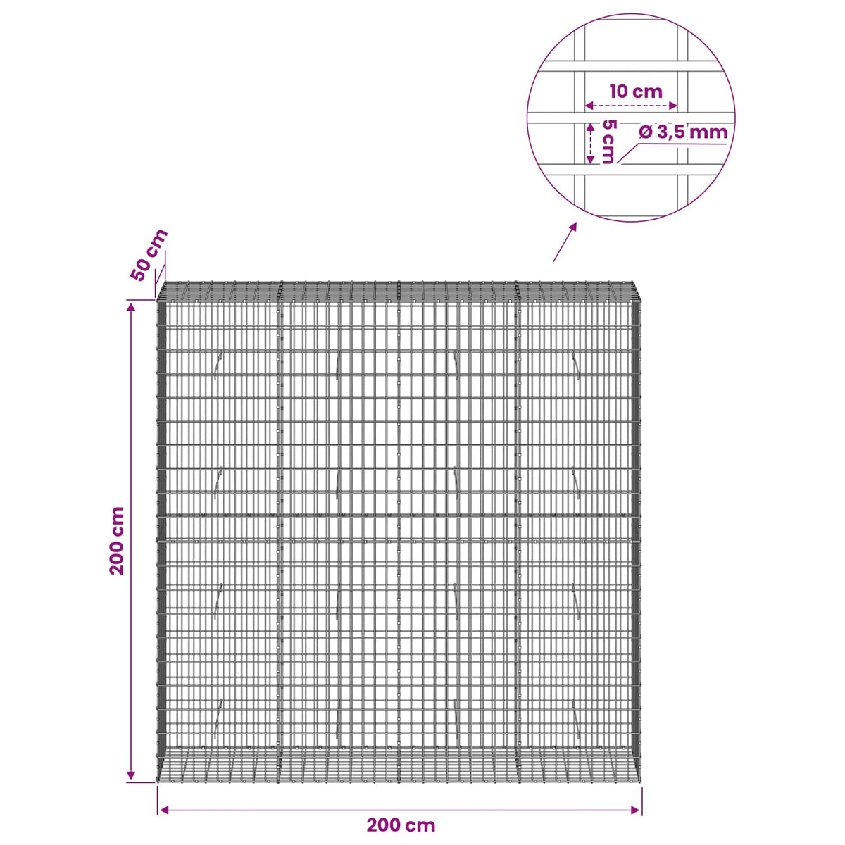 Gabion with 3.5 mm Wire and 5x10 cm Mesh 200x50x200 cm