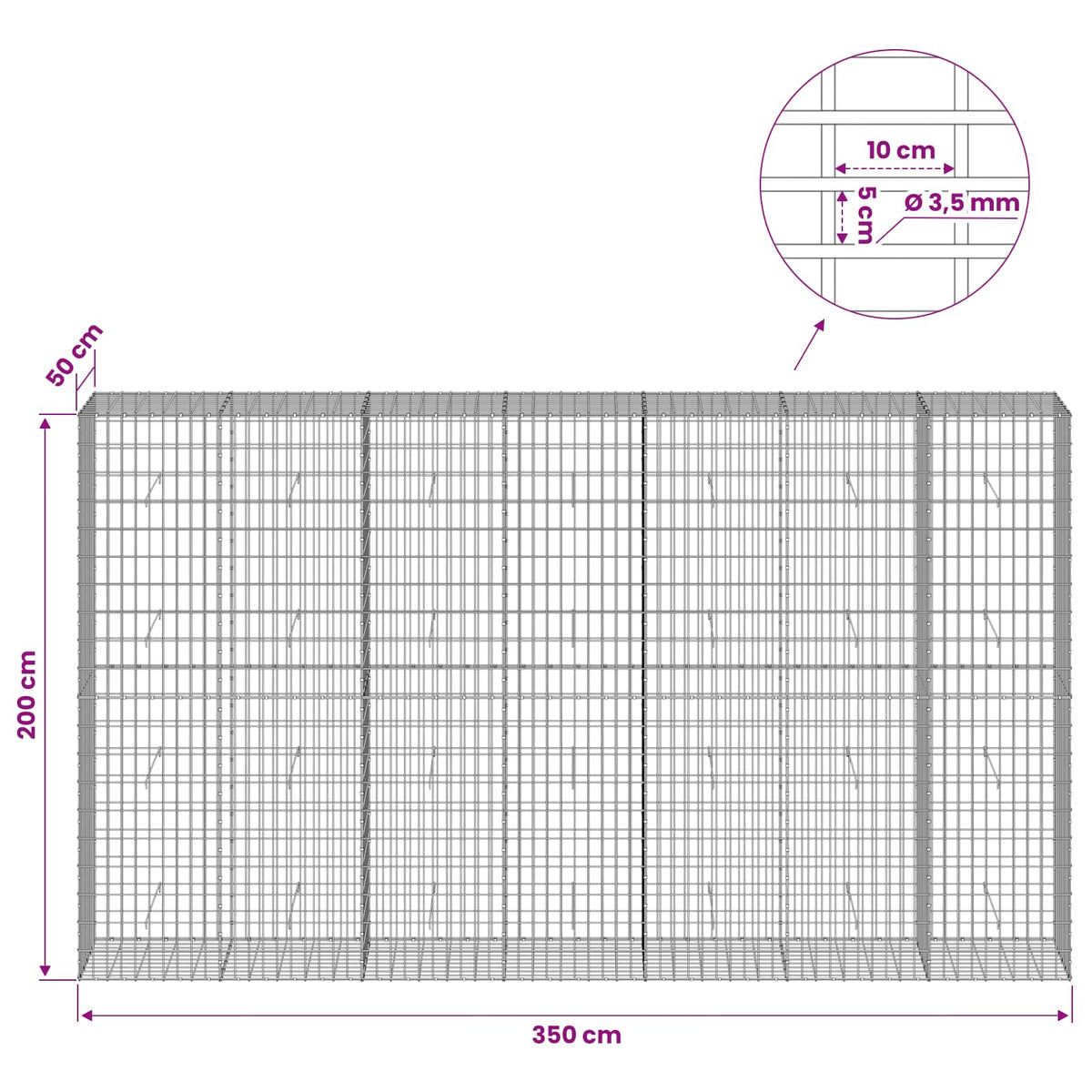 Gabion with 3.5 mm Wire and 5x10 cm Mesh 350x50x200 cm