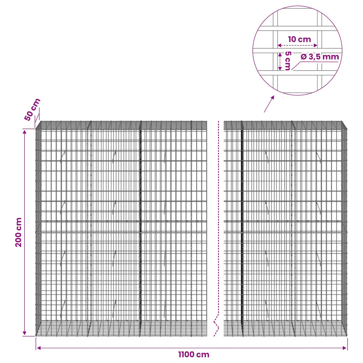 Gabion with 3.5 mm Wire and 5x10 cm Mesh 1100x50x200 cm