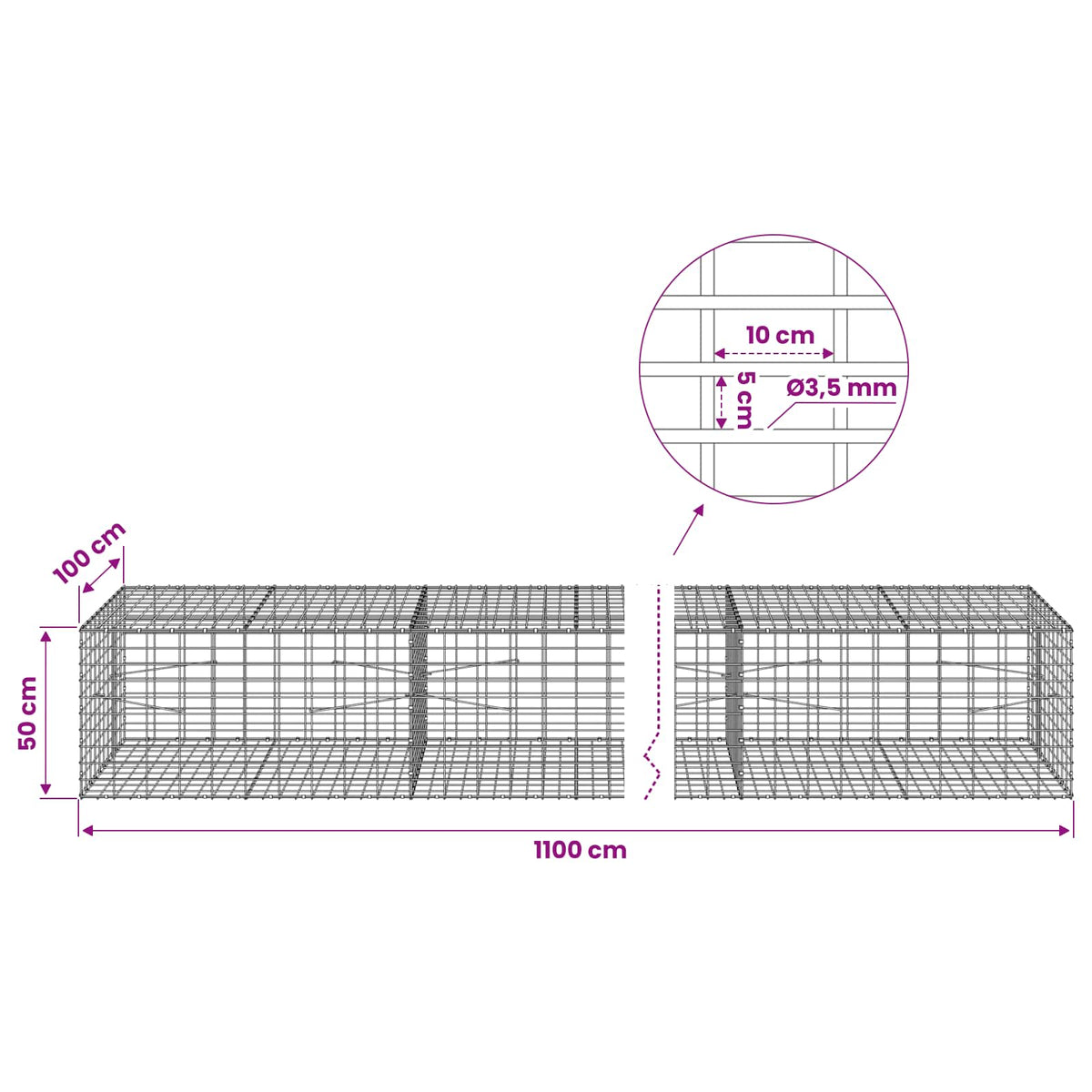 Gabion with 3.5 mm Wire and 5x10 cm Mesh 1100x100x50 cm