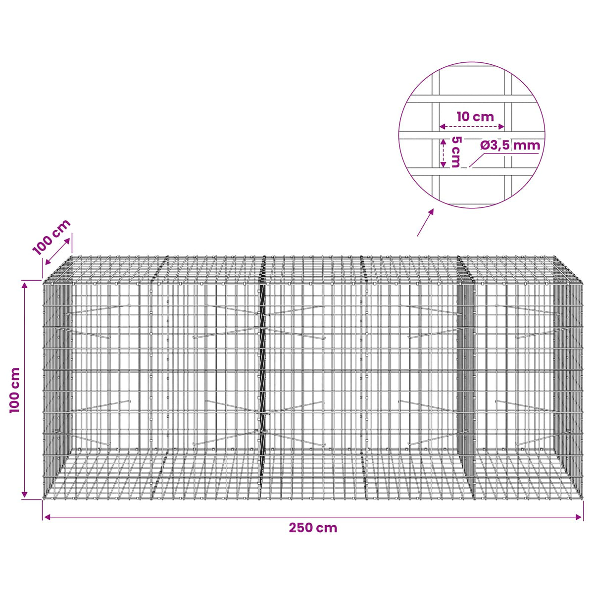 Gabion with 3.5 mm Wire and 5x10 cm Mesh 250x100x100 cm