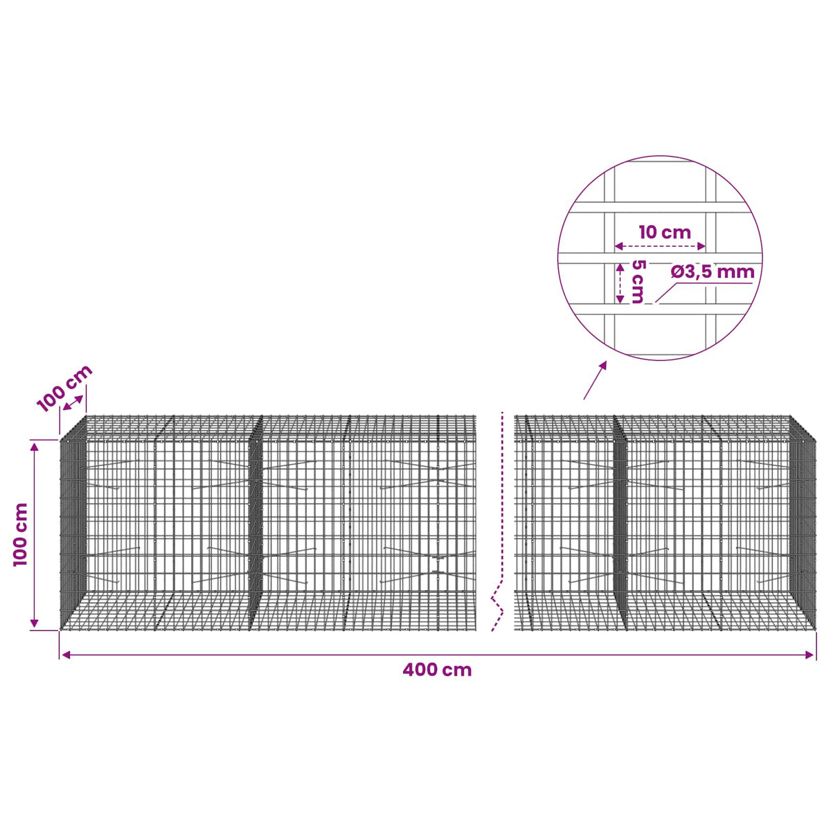Gabion with 3.5 mm Wire and 5x10 cm Mesh 400x100x100 cm