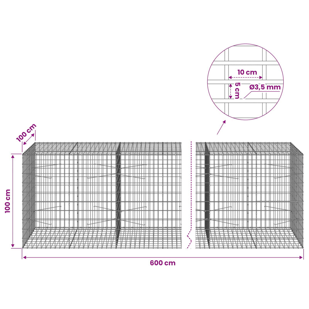 Gabion with 3.5 mm Wire and 5x10 cm Mesh 600x100x100 cm