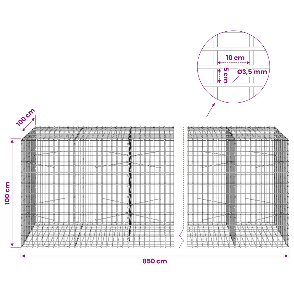 Gabion with 3.5 mm Wire and 5x10 cm Mesh 850x100x100 cm