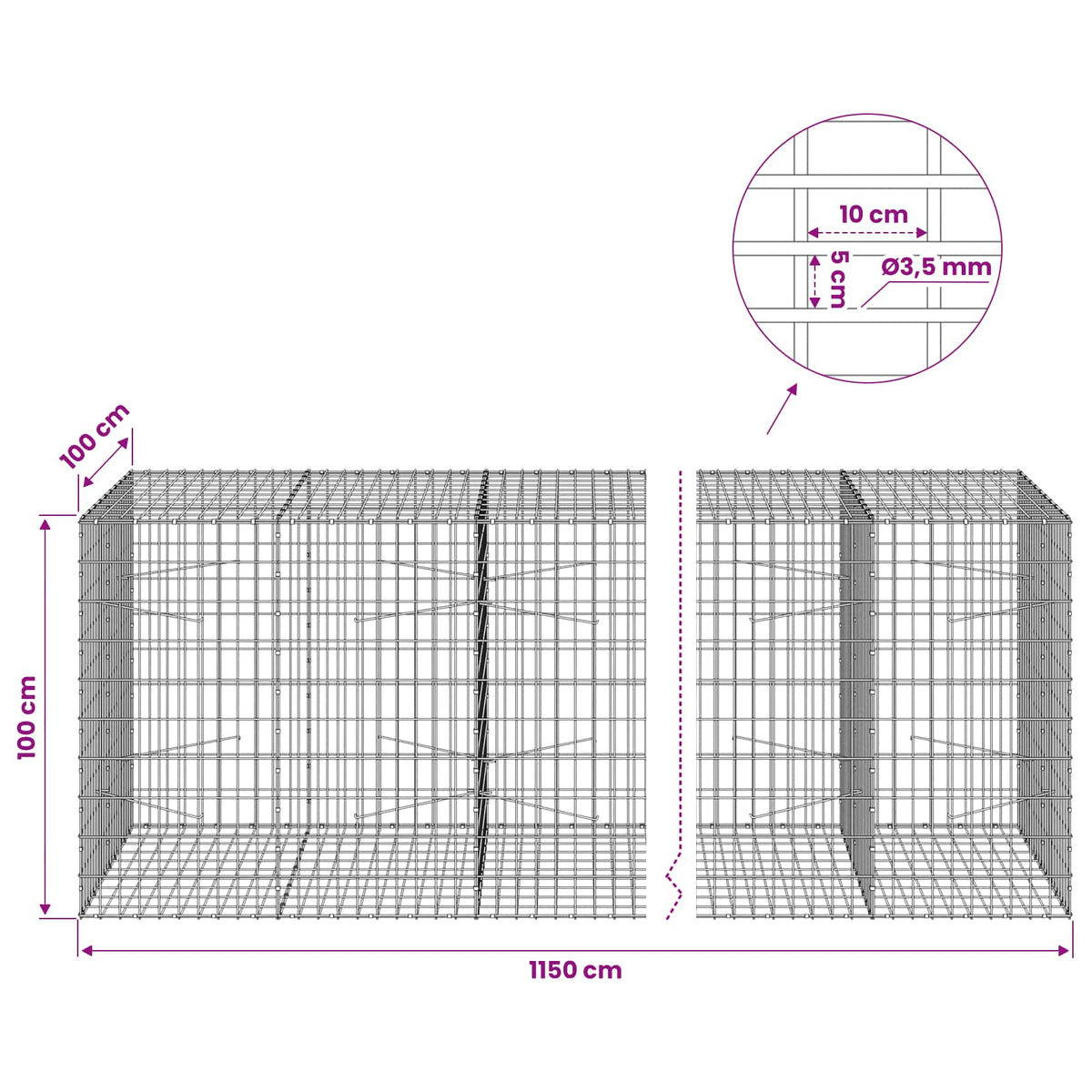 Gabion with 3.5 mm Wire and 5x10 cm Mesh 1150x100x100 cm