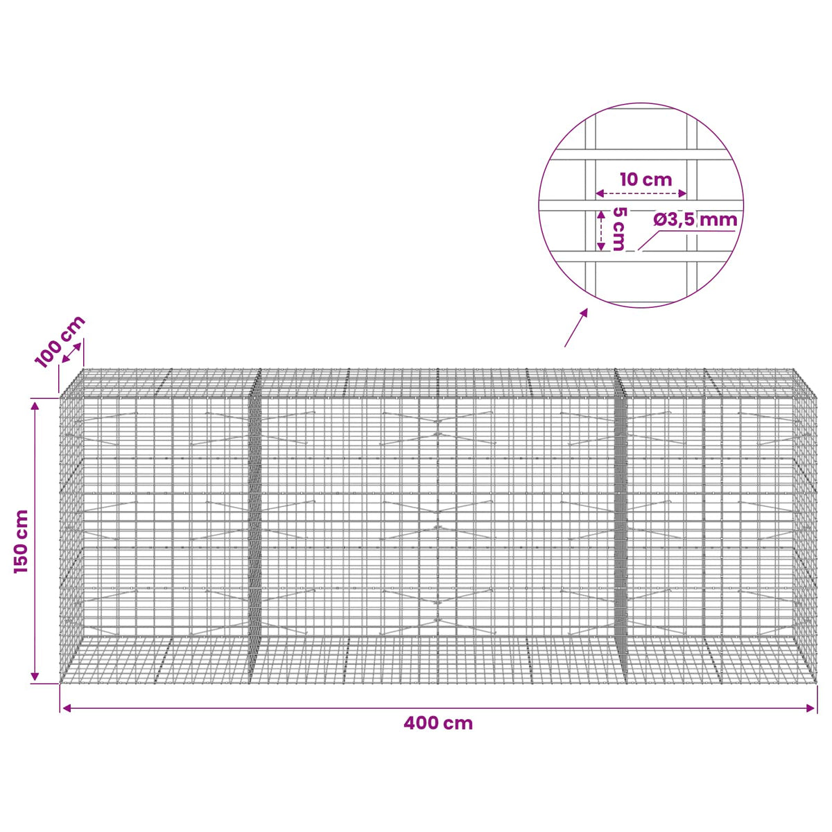 Gabion with 3.5 mm Wire and 5x10 cm Mesh 400x100x150 cm