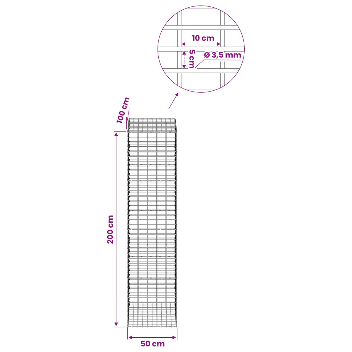 Gabion with 3.5 mm Wire and 5x10 cm Mesh 50x100x200 cm