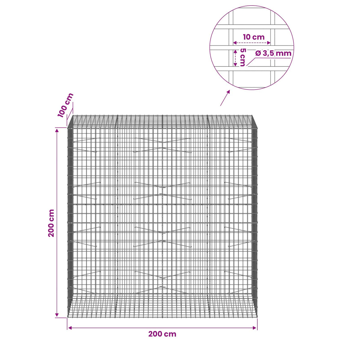 Gabion with 3.5 mm Wire and 5x10 cm Mesh 200x100x200 cm