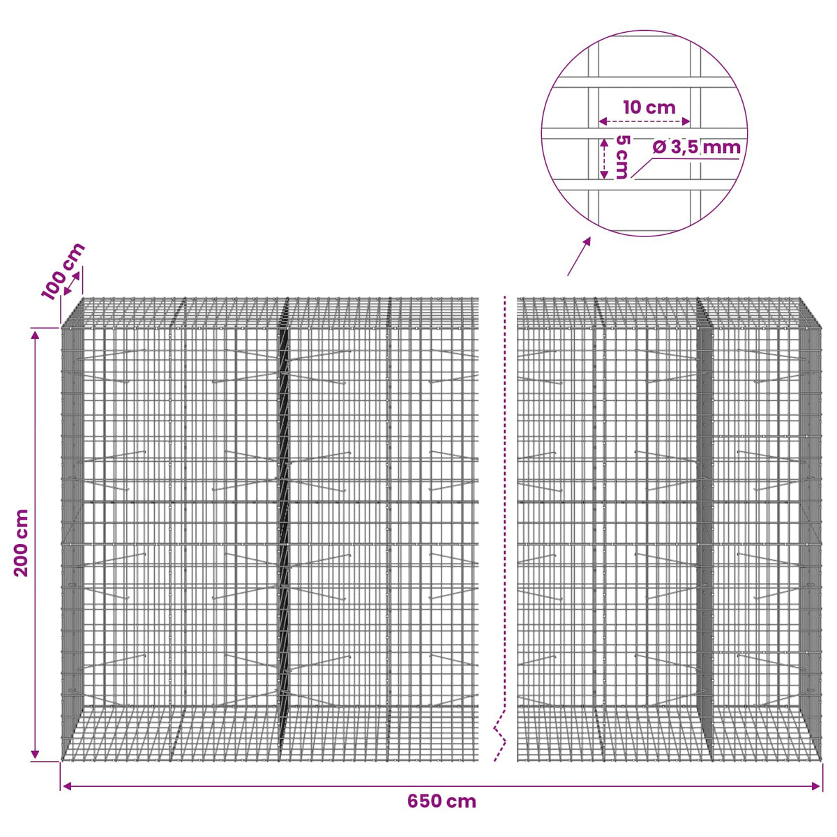 Gabion with 3.5 mm Wire and 5x10 cm Mesh 650x100x200 cm