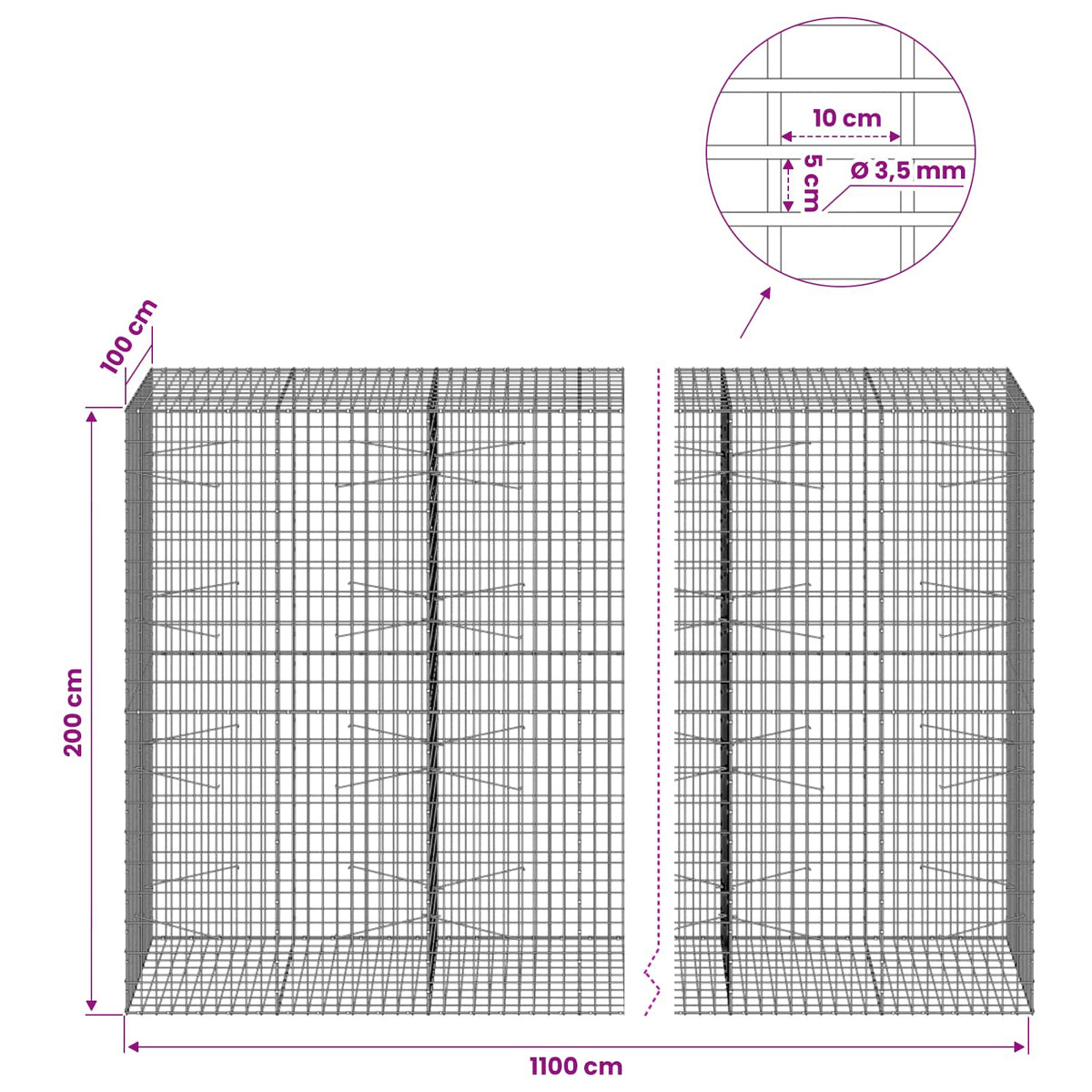 Gabion with 3.5 mm Wire and 5x10 cm Mesh 1100x100x200 cm