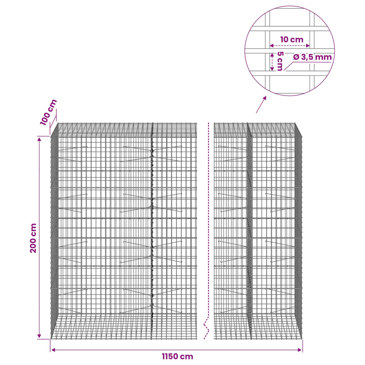 Gabion with 3.5 mm Wire and 5x10 cm Mesh 1150x100x200 cm