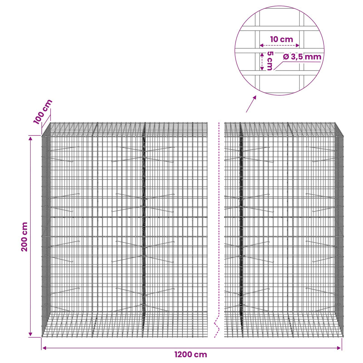 Gabion with 3.5 mm Wire and 5x10 cm Mesh 1200x100x200 cm