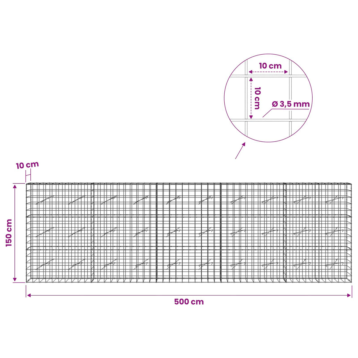 Gabion with 3.5 mm Wire and 10x10 cm Mesh 500x10x150 cm